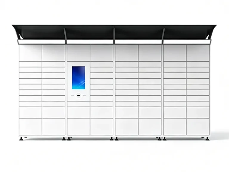 Smart parcel locker, front view — modular bank with weather canopy and touchscreen