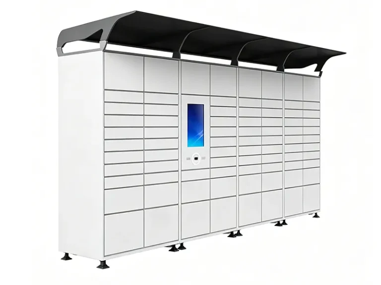 Smart parcel locker, angled view — modular bank with weather canopy