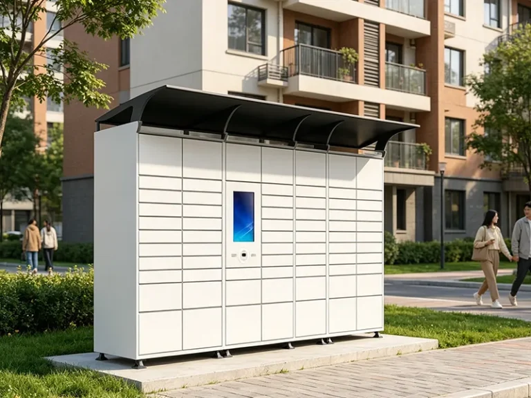 Zen Lockers smart parcel locker with weather canopy installed at a Houston multifamily property