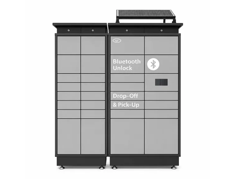 Solar-powered parcel locker with Bluetooth unlock, front view — drop-off and pick-up