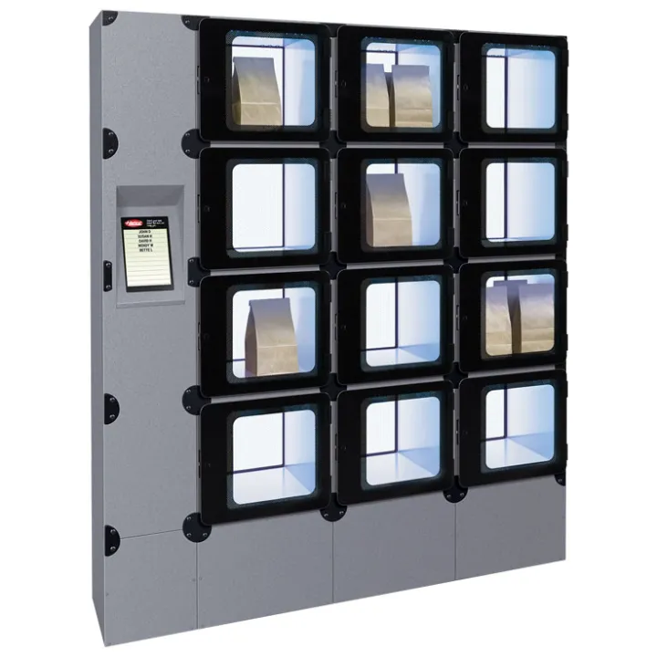 Flav-R 2-Go floor mount pickup locker tower in warm red with twelve heated lockers