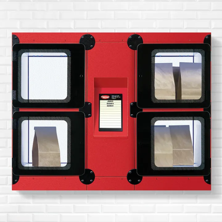 Flav-R 2-Go built-in pickup locker recessed in a wall, customer side