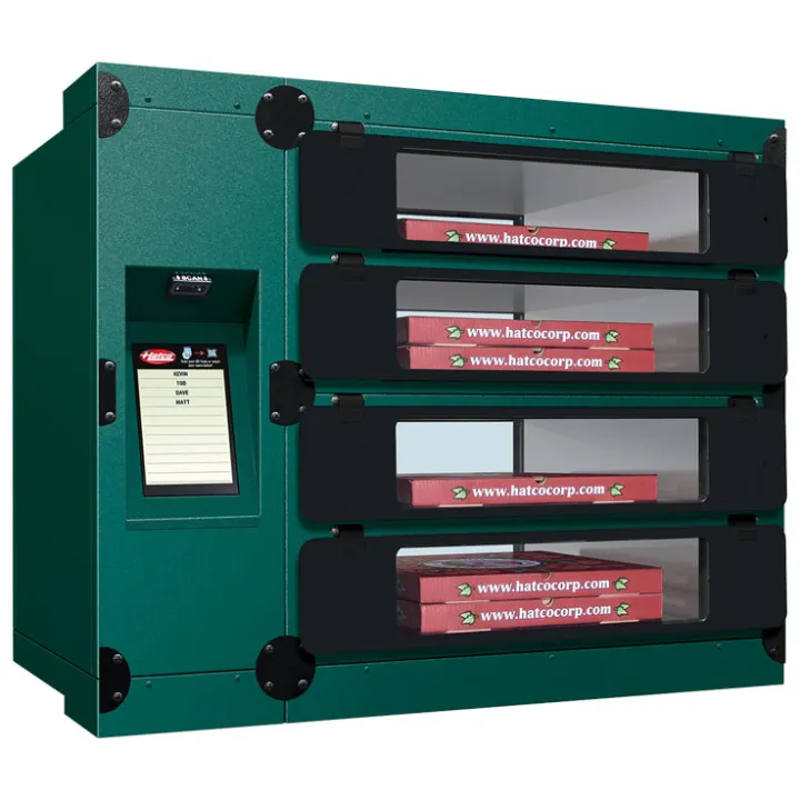 Built-in pizza pickup locker with eight heated slots in hunter green