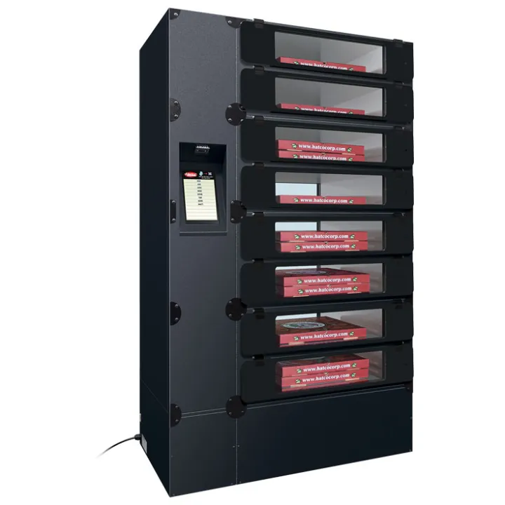 Floor mount pizza locker tower in warm red with eight heated slots