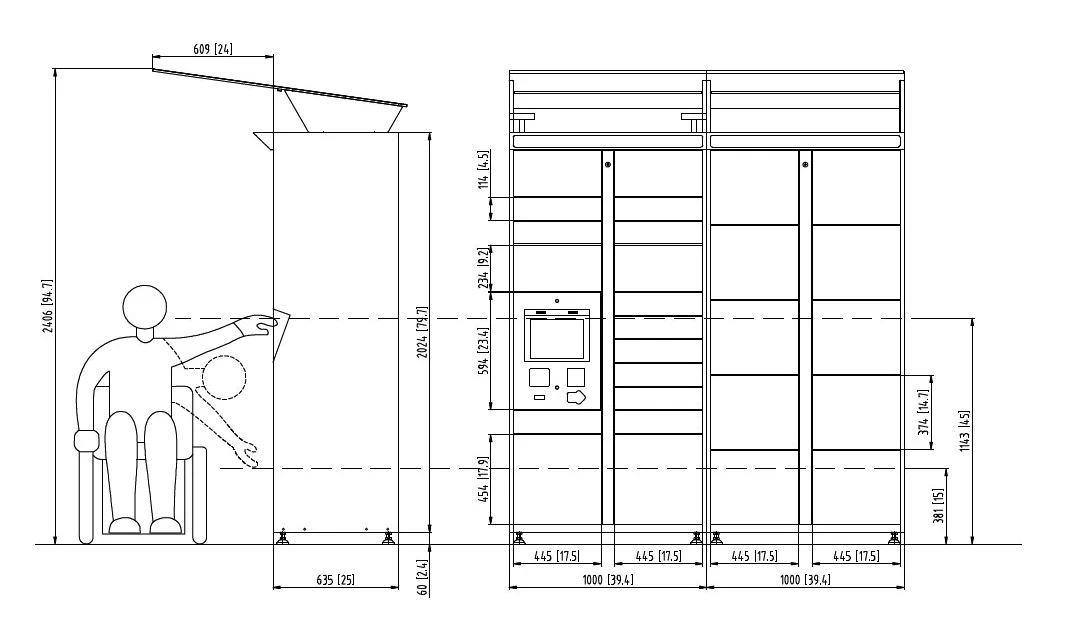 Dimension drawing of a two-module parcel locker bank with ADA reach range shown for a seated user